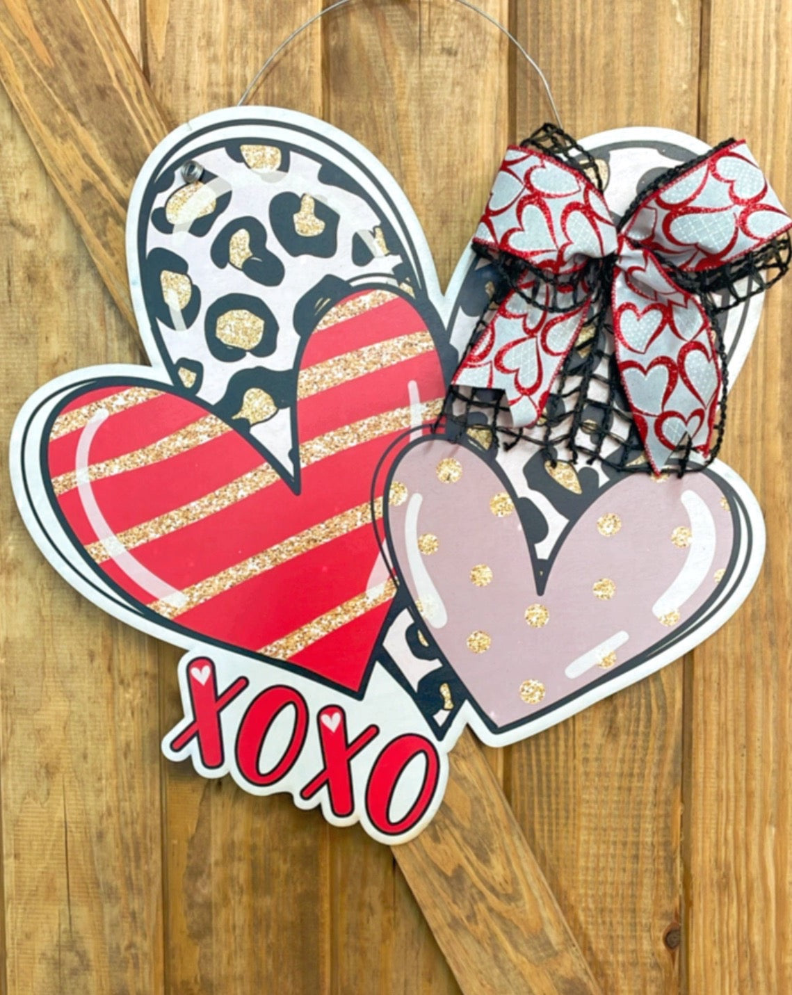 Three Hearts Leopard Valentines Day Door Hanger
